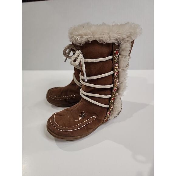 Carter’s Melissa Lace Tall Brown Moccasin Boots Floral Fur Trim Youth Size 9M - Picture 3 of 9